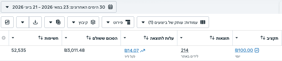 תוצאות קמפיין - עלות נמוכה (צילום 5 ממנהל המודעות של Meta)